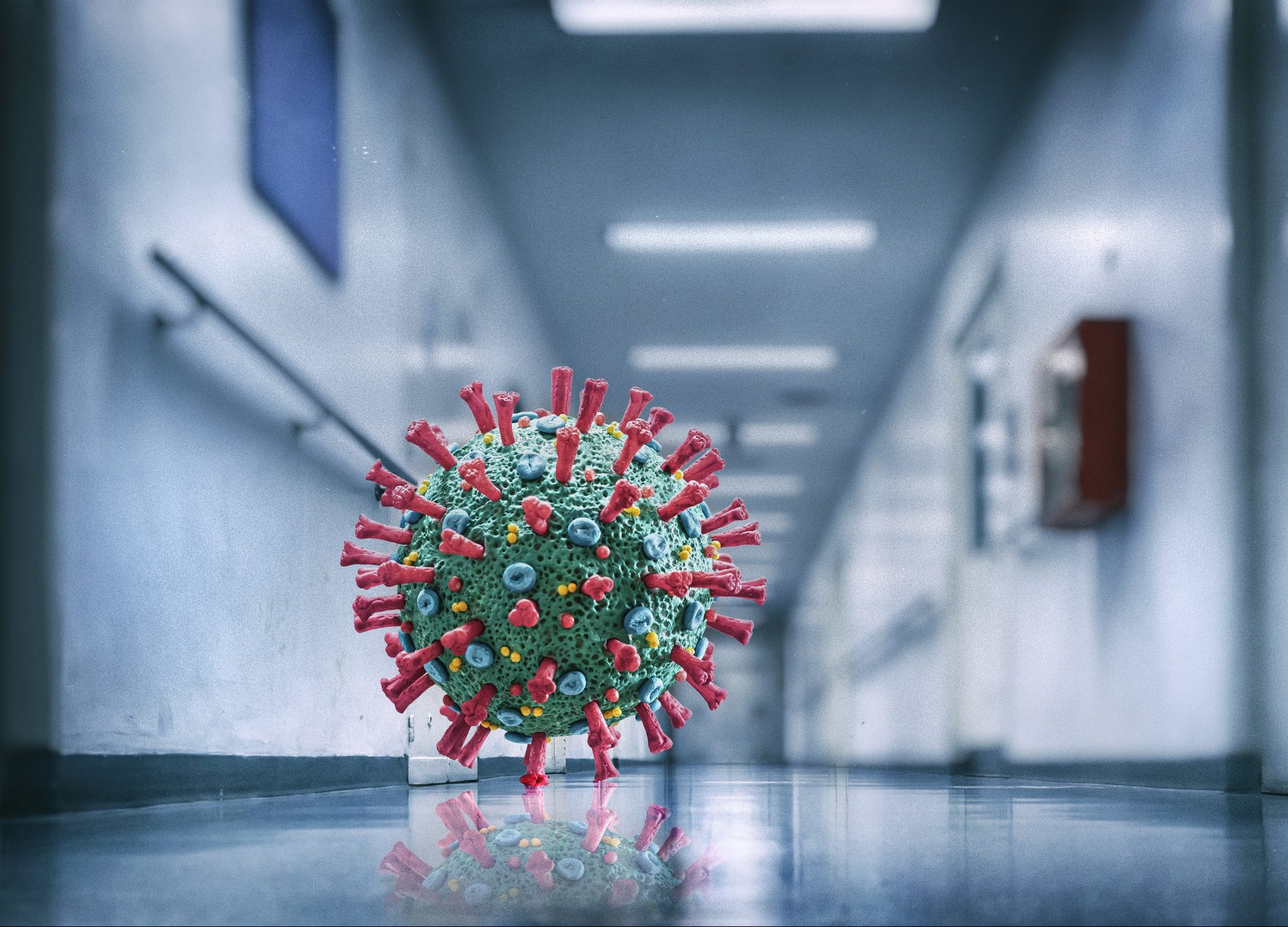 FUNIBER-corona-virus-covid-diecinueve-floating-microscopic-macro-mockup-in-empty-hospital